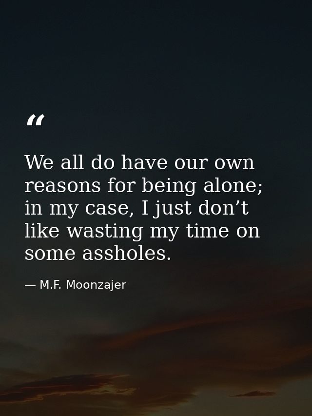 We all do have our own reasons for being alone; in my case, I just don’t like wasting my time on some assholes. — M.F. Moonzajer