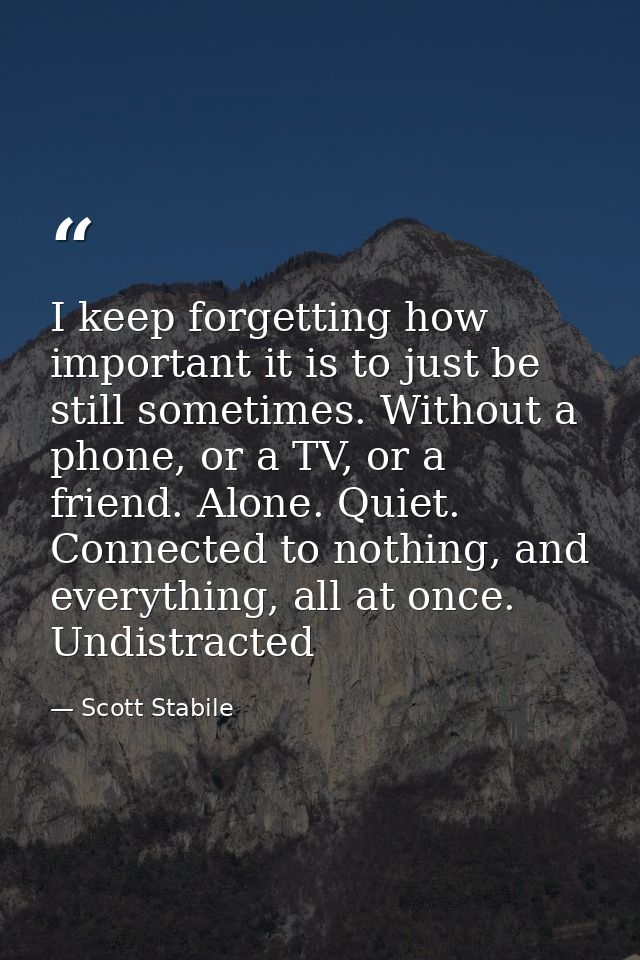 I keep forgetting how important it is to just be still sometimes. Without a phone, or a TV, or a friend. Alone. Quiet. C — Scott Stabile