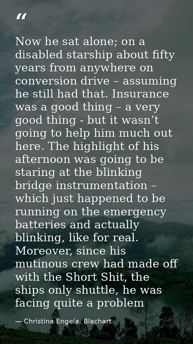 Now he sat alone; on a disabled starship about fifty years from anywhere on conversion drive – assuming he still had tha — Christina Engela, Blachart