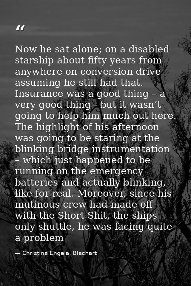 Now he sat alone; on a disabled starship about fifty years from anywhere on conversion drive – assuming he still had tha — Christina Engela, Blachart