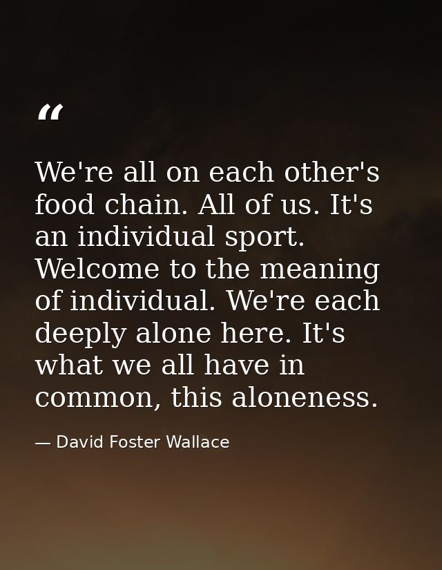 We're all on each other's food chain. All of us. It's an individual sport. Welcome to the meaning of individual. We're e — David Foster Wallace