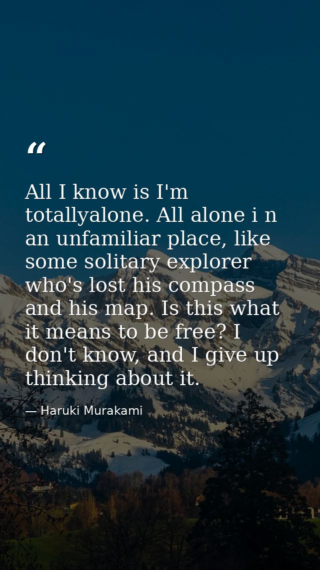 All I know is I'm totallyalone. All alone i n an unfamiliar place, like some solitary explorer who's lost his compass an — Haruki Murakami