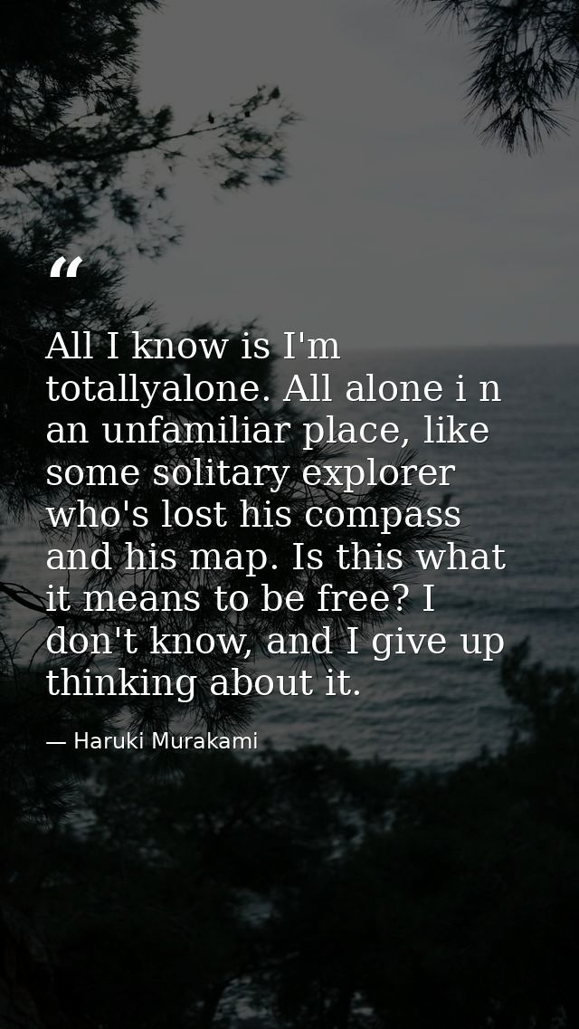 All I know is I'm totallyalone. All alone i n an unfamiliar place, like some solitary explorer who's lost his compass an — Haruki Murakami