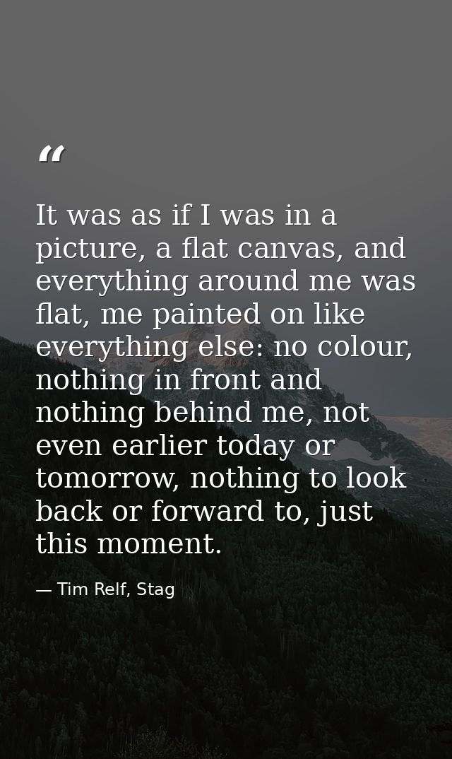 It was as if I was in a picture, a flat canvas, and everything around me was flat, me painted on like everything else: n — Tim Relf, Stag