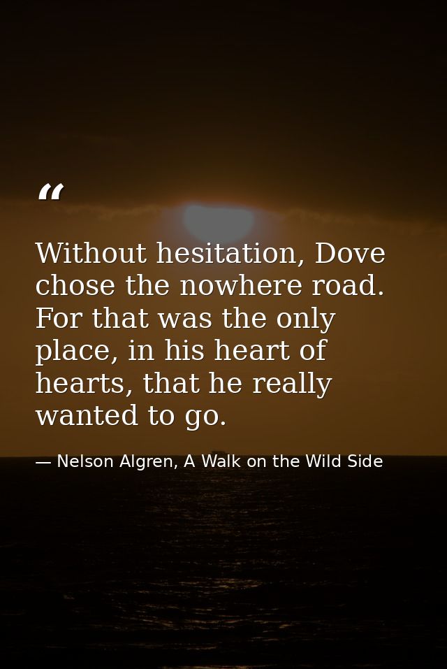 Without hesitation, Dove chose the nowhere road. For that was the only place, in his heart of hearts, that he really wan — Nelson Algren, A Walk on the Wild Side