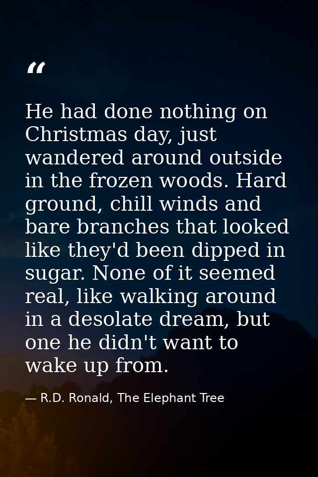 He had done nothing on Christmas day, just wandered around outside in the frozen woods. Hard ground, chill winds and bar — R.D. Ronald, The Elephant Tree