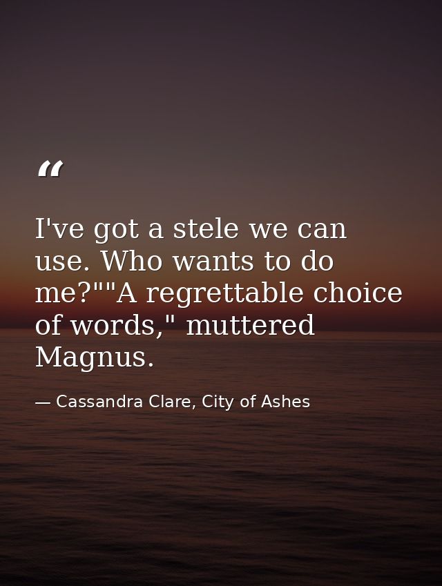 I've got a stele we can use. Who wants to do me?""A regrettable choice of words," muttered Magnus. — Cassandra Clare, City of Ashes