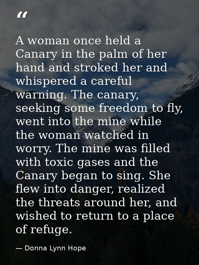 A woman once held a Canary in the palm of her hand and stroked her and whispered a careful warning. The canary, seeking  — Donna Lynn Hope