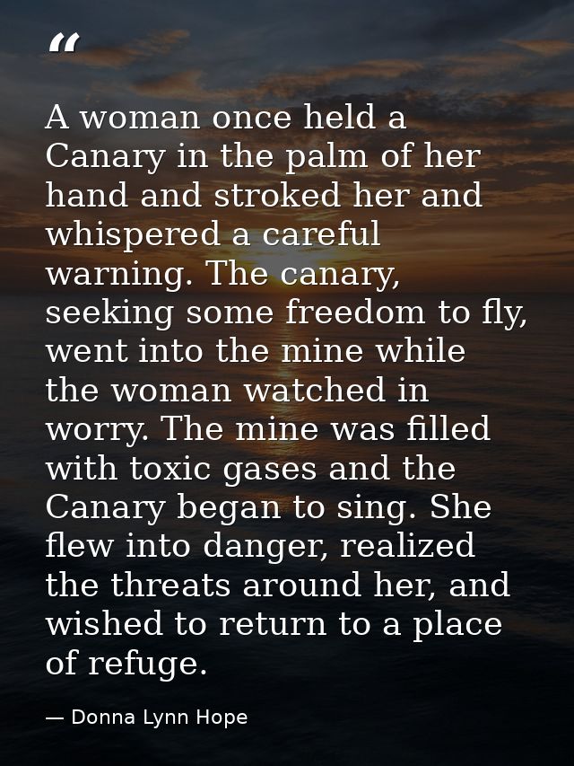 A woman once held a Canary in the palm of her hand and stroked her and whispered a careful warning. The canary, seeking  — Donna Lynn Hope