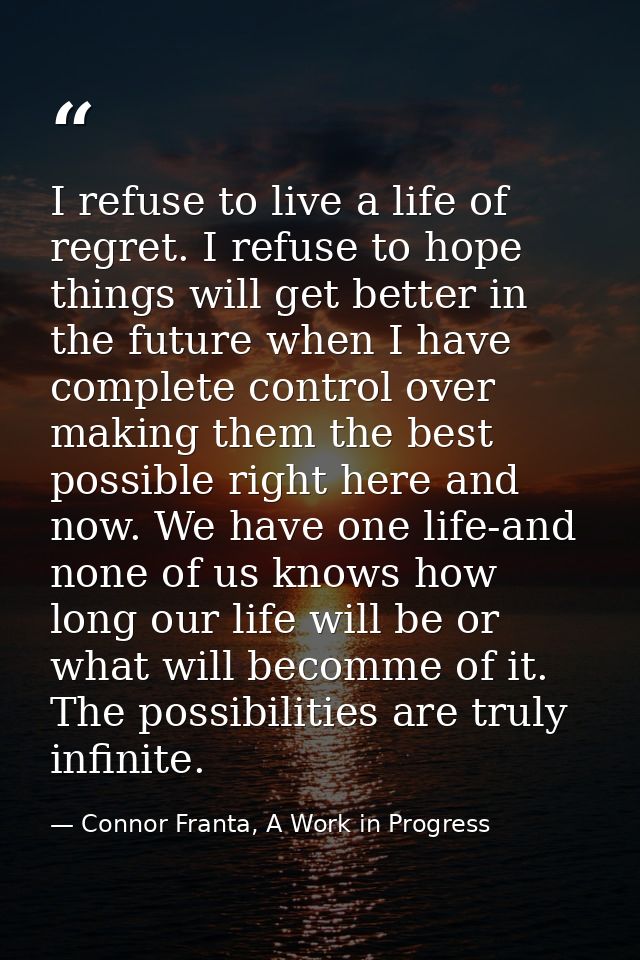 I refuse to live a life of regret. I refuse to hope things will get better in the future when I have complete control ov — Connor Franta, A Work in Progress