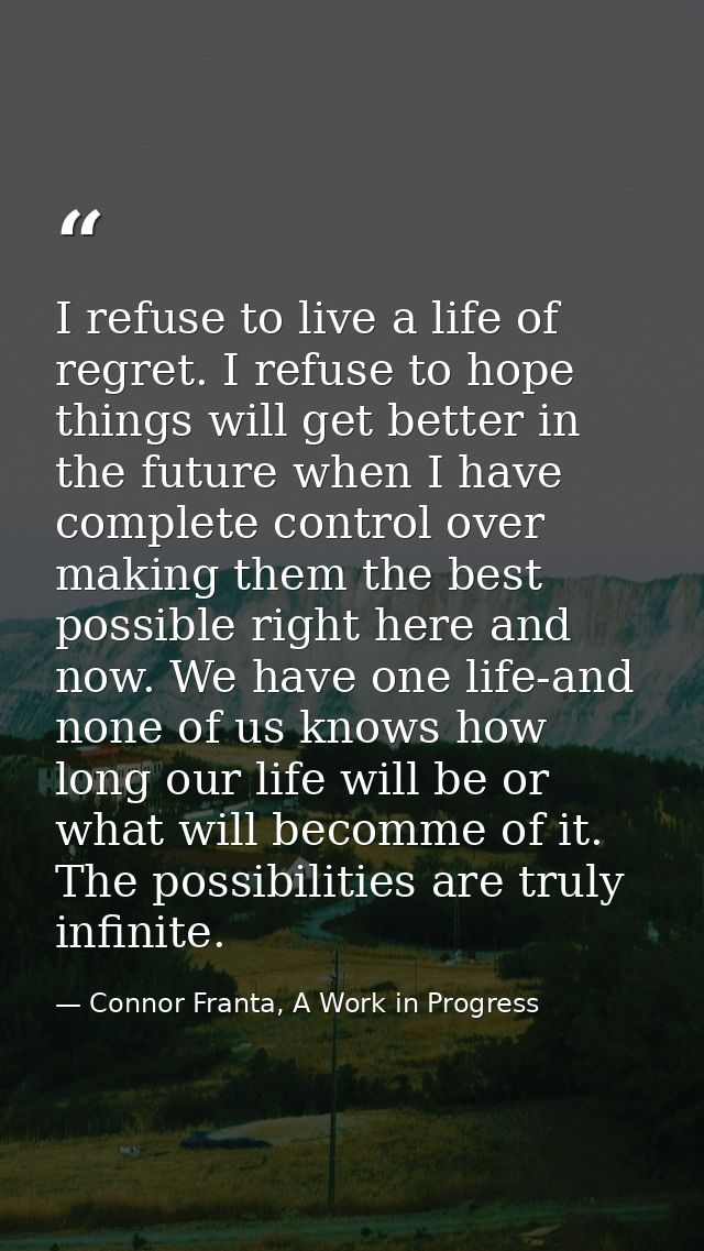 I refuse to live a life of regret. I refuse to hope things will get better in the future when I have complete control ov — Connor Franta, A Work in Progress