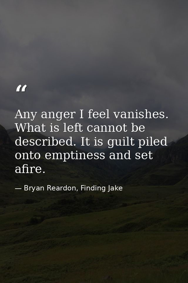 Any anger I feel vanishes. What is left cannot be described. It is guilt piled onto emptiness and set afire. — Bryan Reardon, Finding Jake