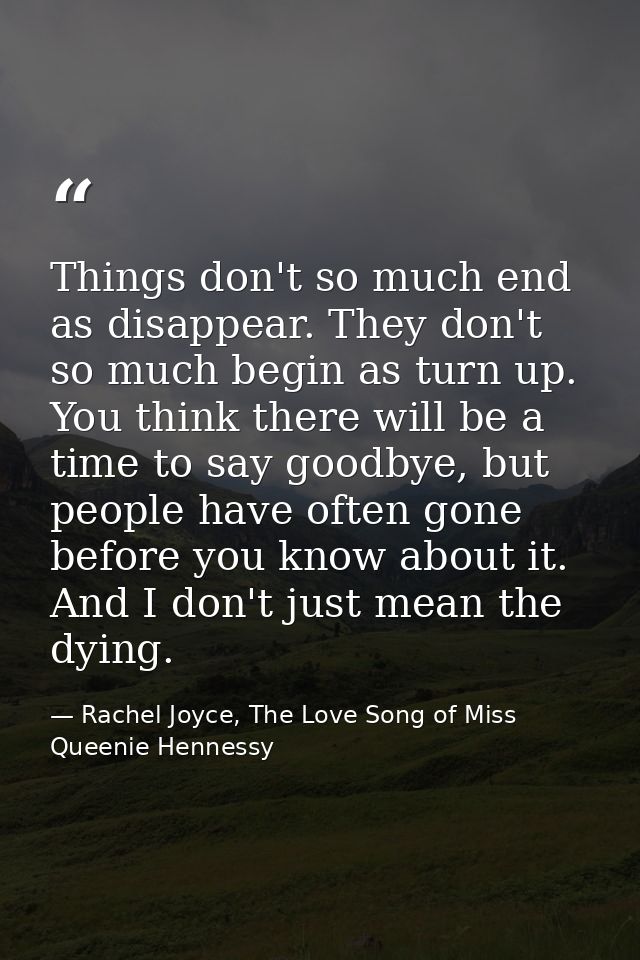 Things don't so much end as disappear. They don't so much begin as turn up. You think there will be a time to say goodby — Rachel Joyce, The Love Song of Miss Queenie Hennessy