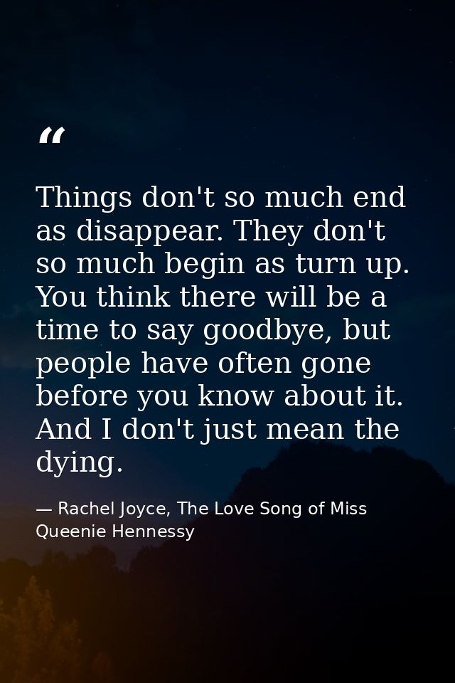 Things don't so much end as disappear. They don't so much begin as turn up. You think there will be a time to say goodby — Rachel Joyce, The Love Song of Miss Queenie Hennessy