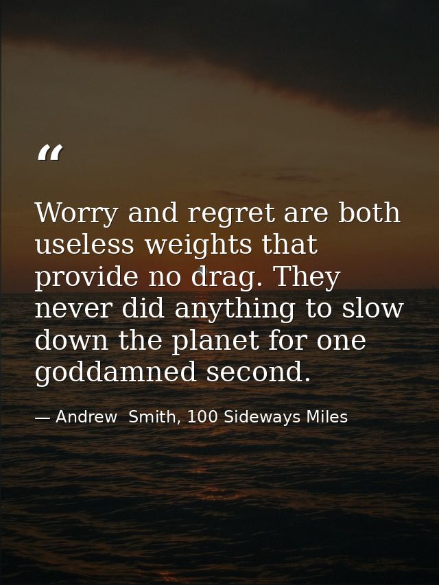 Worry and regret are both useless weights that provide no drag. They never did anything to slow down the planet for one  — Andrew  Smith, 100 Sideways Miles
