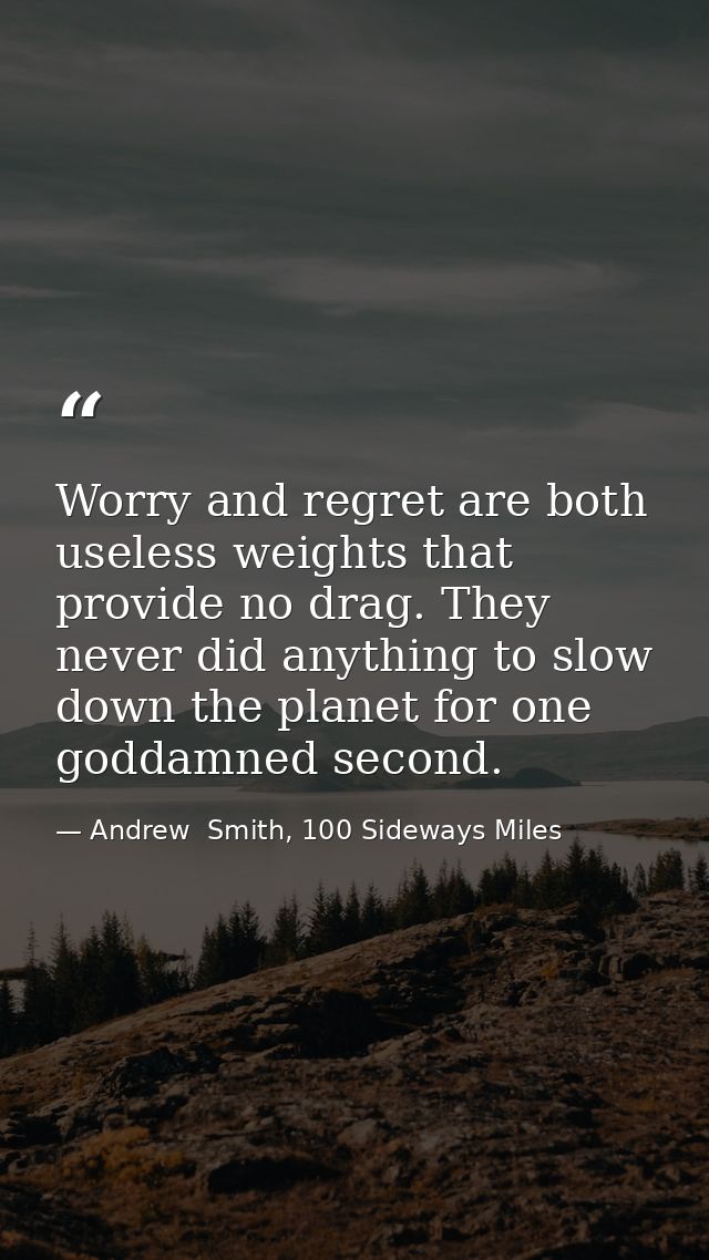 Worry and regret are both useless weights that provide no drag. They never did anything to slow down the planet for one  — Andrew  Smith, 100 Sideways Miles