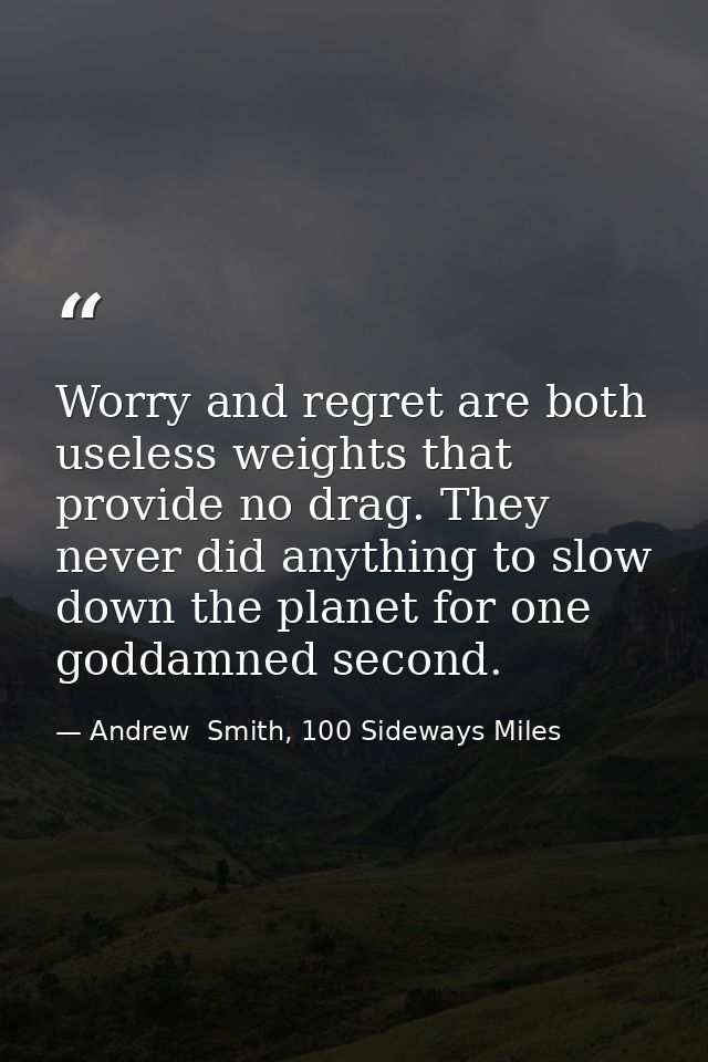 Worry and regret are both useless weights that provide no drag. They never did anything to slow down the planet for one  — Andrew  Smith, 100 Sideways Miles
