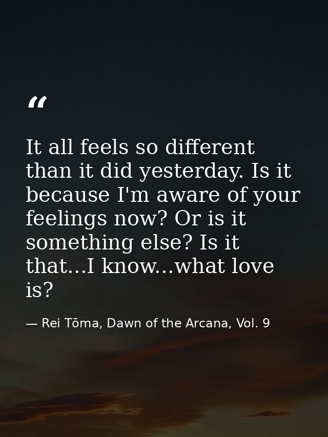 It all feels so different than it did yesterday. Is it because I'm aware of your feelings now? Or is it something else?  — Rei Tōma, Dawn of the Arcana, Vol. 9