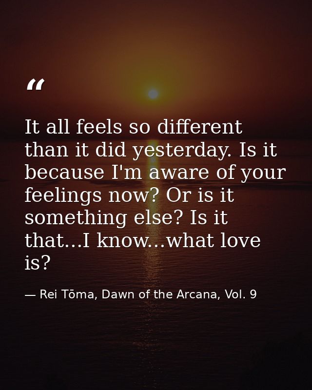 It all feels so different than it did yesterday. Is it because I'm aware of your feelings now? Or is it something else?  — Rei Tōma, Dawn of the Arcana, Vol. 9