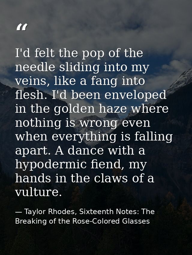 I'd felt the pop of the needle sliding into my veins, like a fang into flesh. I'd been enveloped in the golden haze wher — Taylor Rhodes, Sixteenth Notes: The Breaking of the Rose-Colored Glasses