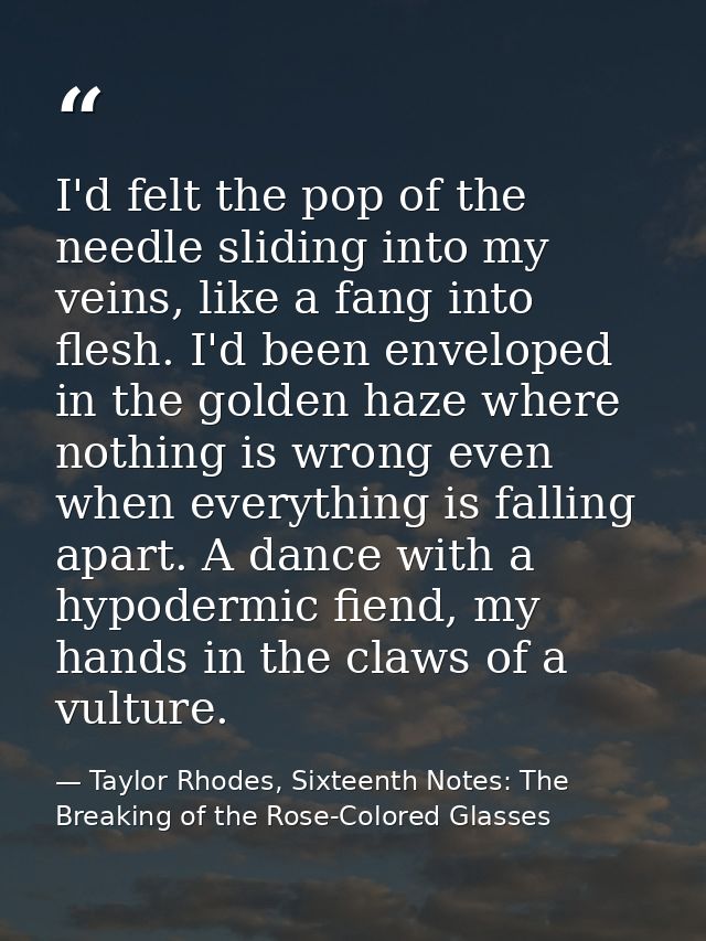 I'd felt the pop of the needle sliding into my veins, like a fang into flesh. I'd been enveloped in the golden haze wher — Taylor Rhodes, Sixteenth Notes: The Breaking of the Rose-Colored Glasses