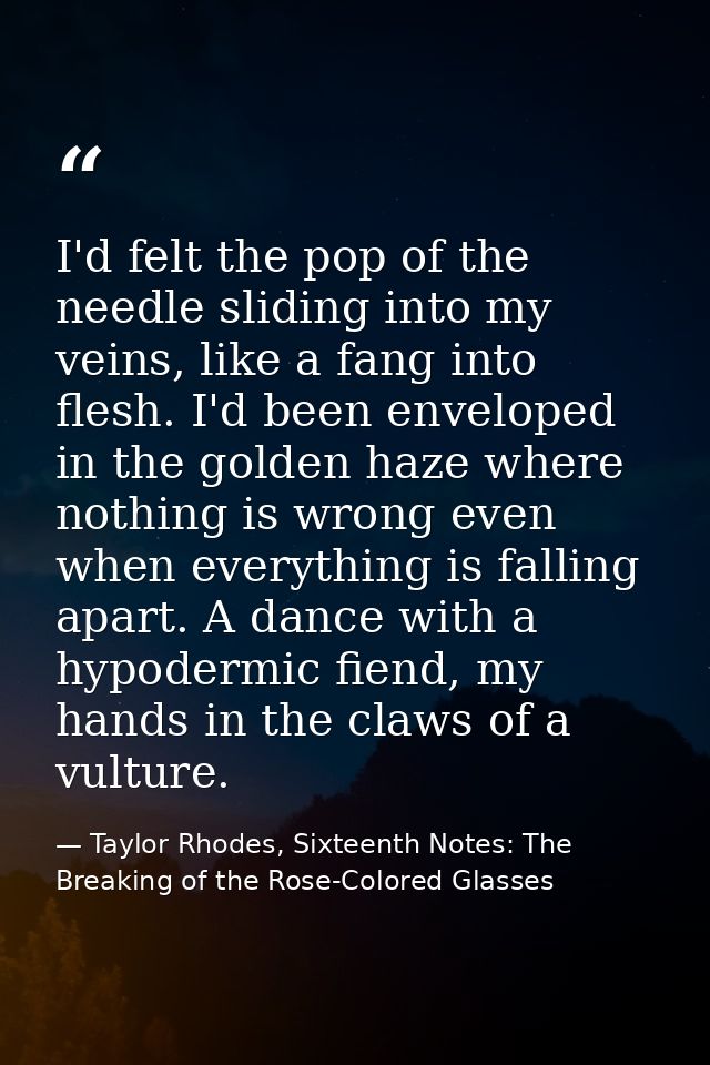 I'd felt the pop of the needle sliding into my veins, like a fang into flesh. I'd been enveloped in the golden haze wher — Taylor Rhodes, Sixteenth Notes: The Breaking of the Rose-Colored Glasses