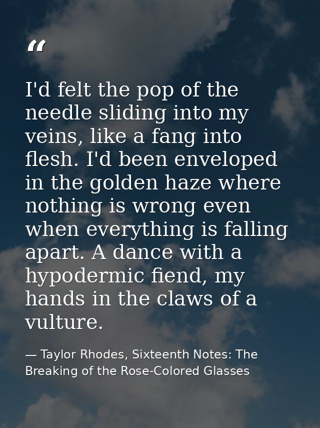 I'd felt the pop of the needle sliding into my veins, like a fang into flesh. I'd been enveloped in the golden haze wher — Taylor Rhodes, Sixteenth Notes: The Breaking of the Rose-Colored Glasses
