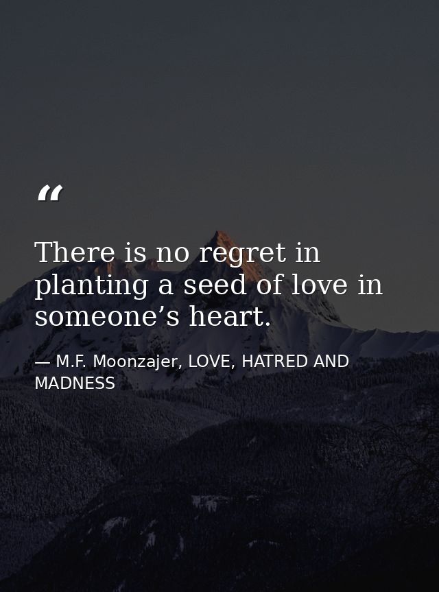 There is no regret in planting a seed of love in someone’s heart. — M.F. Moonzajer, LOVE, HATRED AND MADNESS