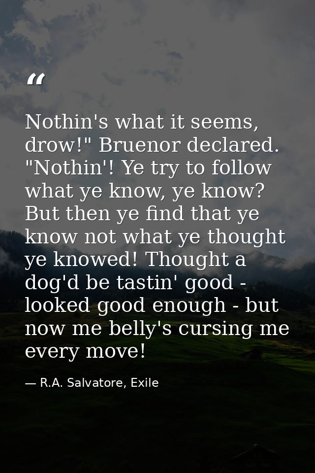 Nothin's what it seems, drow!" Bruenor declared. "Nothin'! Ye try to follow what ye know, ye know? But then ye find that — R.A. Salvatore, Exile