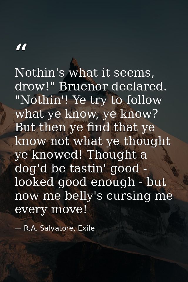Nothin's what it seems, drow!" Bruenor declared. "Nothin'! Ye try to follow what ye know, ye know? But then ye find that — R.A. Salvatore, Exile