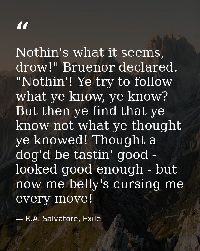 Nothin's what it seems, drow!" Bruenor declared. "Nothin'! Ye try to follow what ye know, ye know? But then ye find that — R.A. Salvatore, Exile