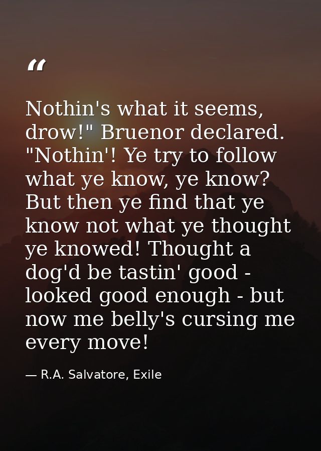 Nothin's what it seems, drow!" Bruenor declared. "Nothin'! Ye try to follow what ye know, ye know? But then ye find that — R.A. Salvatore, Exile