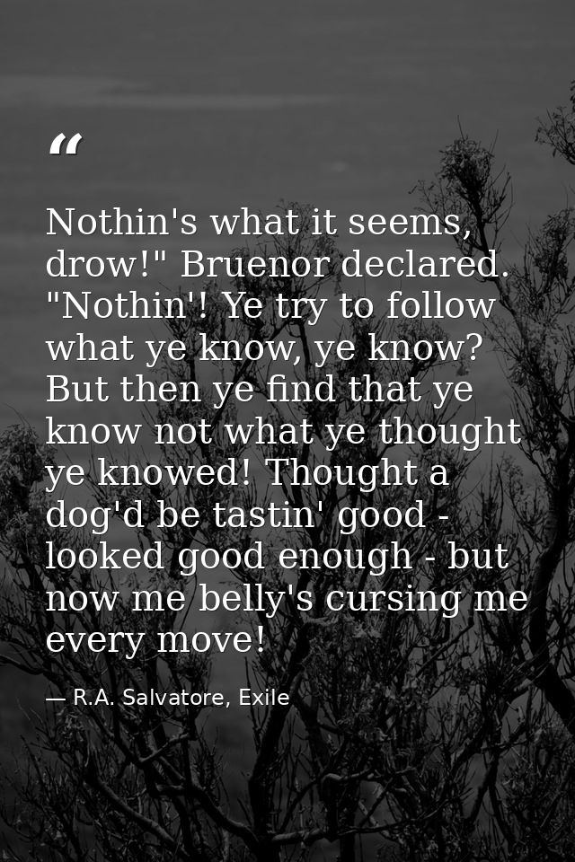 Nothin's what it seems, drow!" Bruenor declared. "Nothin'! Ye try to follow what ye know, ye know? But then ye find that — R.A. Salvatore, Exile