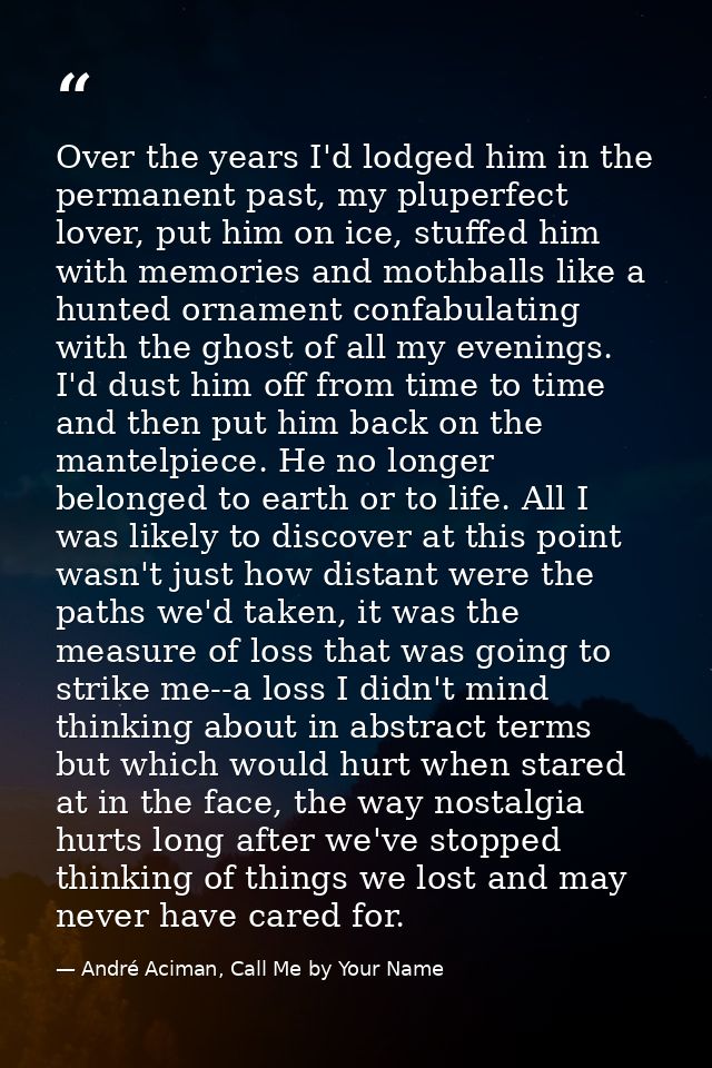 Over the years I'd lodged him in the permanent past, my pluperfect lover, put him on ice, stuffed him with memories and  — André Aciman, Call Me by Your Name