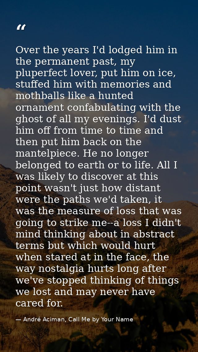 Over the years I'd lodged him in the permanent past, my pluperfect lover, put him on ice, stuffed him with memories and  — André Aciman, Call Me by Your Name
