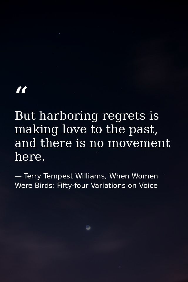But harboring regrets is making love to the past, and there is no movement here. — Terry Tempest Williams, When Women Were Birds: Fifty-four Variations on Voice