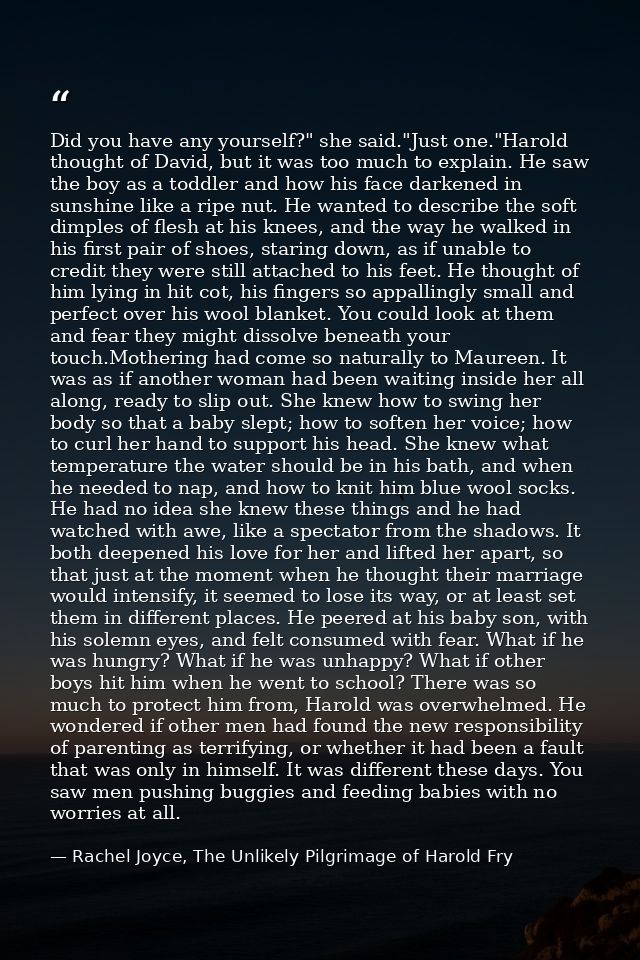 Did you have any yourself?" she said."Just one."Harold thought of David, but it was too much to explain. He saw the boy  — Rachel Joyce, The Unlikely Pilgrimage of Harold Fry