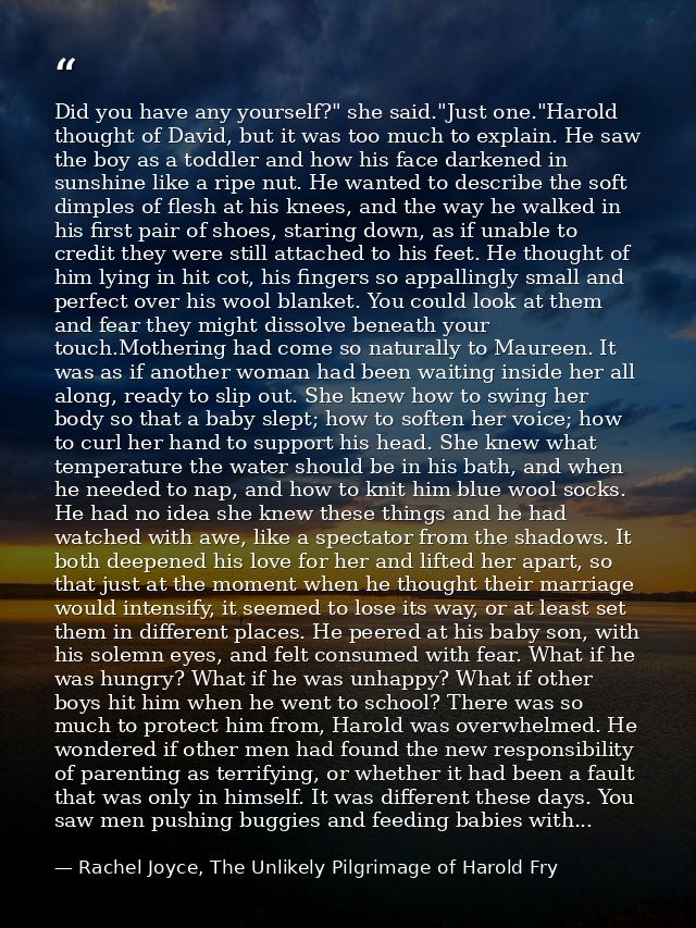 Did you have any yourself?" she said."Just one."Harold thought of David, but it was too much to explain. He saw the boy  — Rachel Joyce, The Unlikely Pilgrimage of Harold Fry