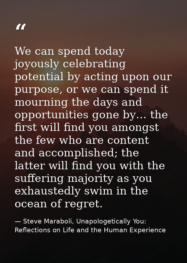 We can spend today joyously celebrating potential by acting upon our purpose, or we can spend it mourning the days and o — Steve Maraboli, Unapologetically You: Reflections on Life and the Human Experience