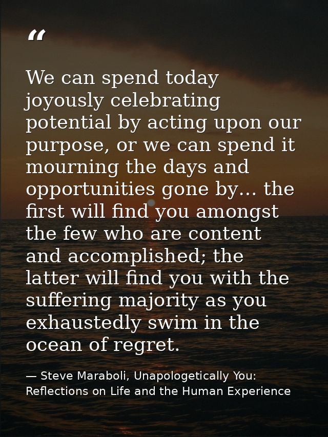We can spend today joyously celebrating potential by acting upon our purpose, or we can spend it mourning the days and o — Steve Maraboli, Unapologetically You: Reflections on Life and the Human Experience
