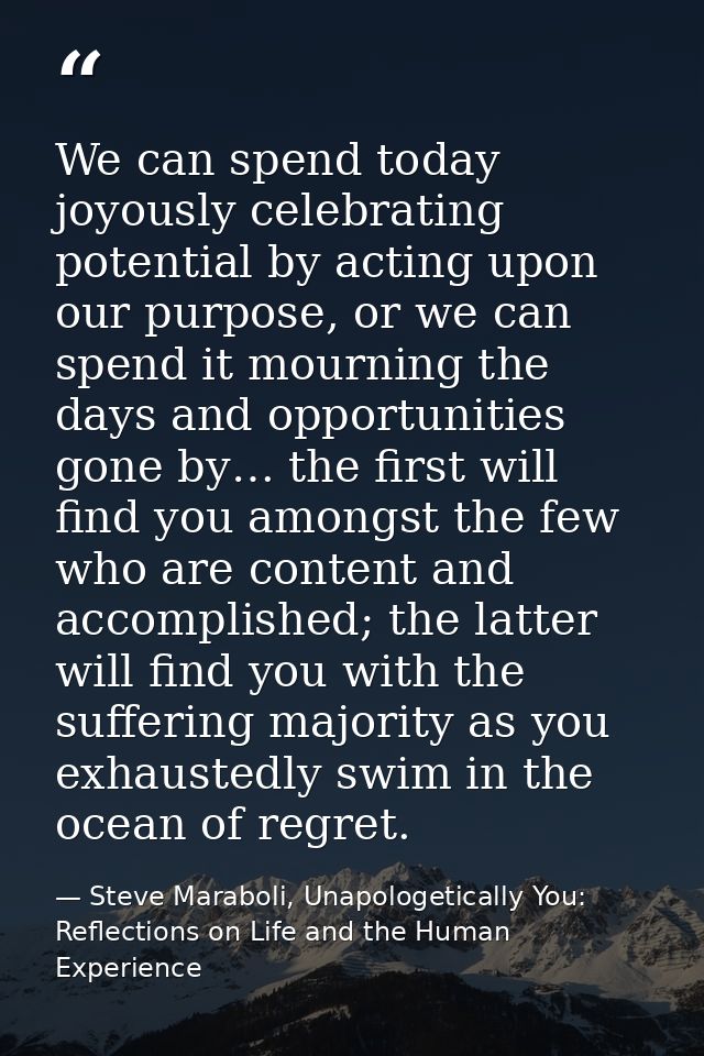 We can spend today joyously celebrating potential by acting upon our purpose, or we can spend it mourning the days and o — Steve Maraboli, Unapologetically You: Reflections on Life and the Human Experience