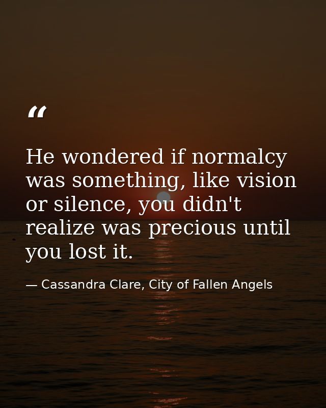 He wondered if normalcy was something, like vision or silence, you didn't realize was precious until you lost it. — Cassandra Clare, City of Fallen Angels