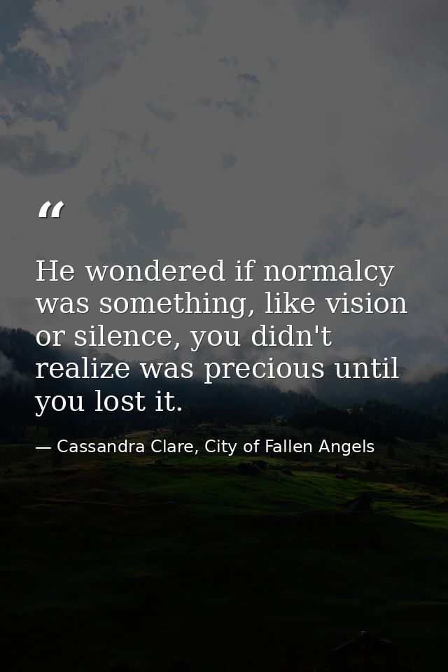 He wondered if normalcy was something, like vision or silence, you didn't realize was precious until you lost it. — Cassandra Clare, City of Fallen Angels