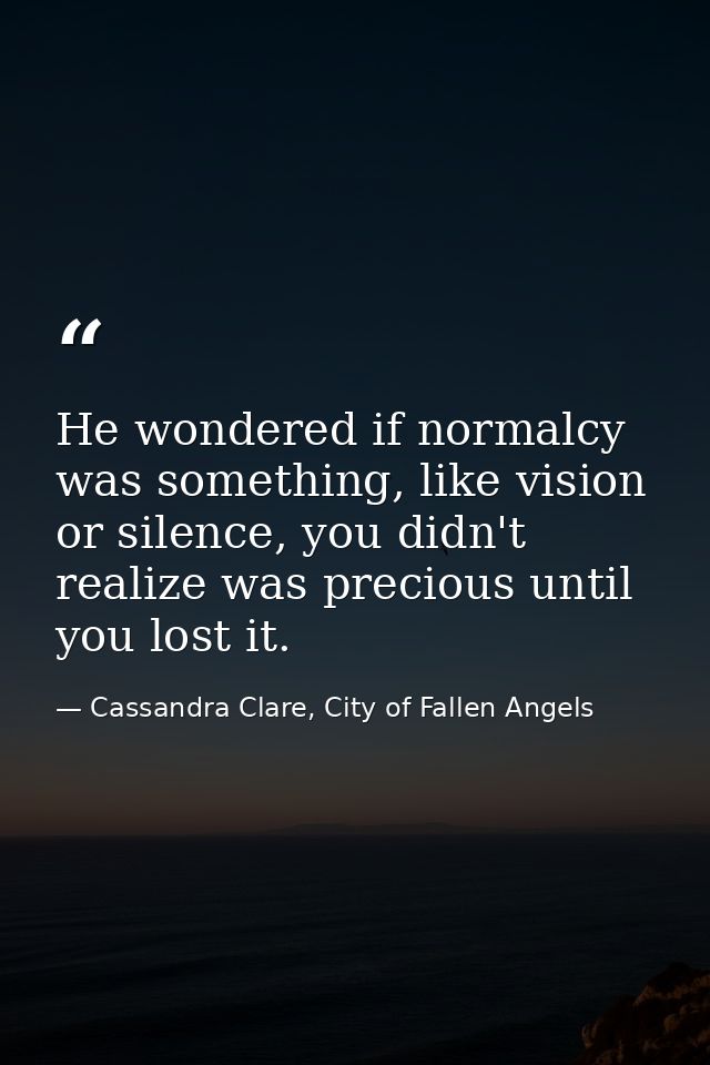 He wondered if normalcy was something, like vision or silence, you didn't realize was precious until you lost it. — Cassandra Clare, City of Fallen Angels