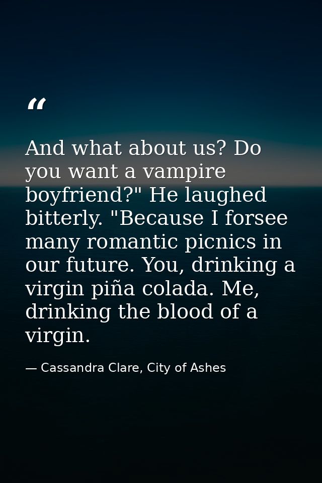 And what about us? Do you want a vampire boyfriend?" He laughed bitterly. "Because I forsee many romantic picnics in our — Cassandra Clare, City of Ashes