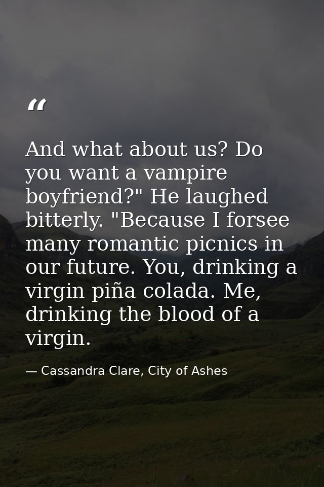 And what about us? Do you want a vampire boyfriend?" He laughed bitterly. "Because I forsee many romantic picnics in our — Cassandra Clare, City of Ashes