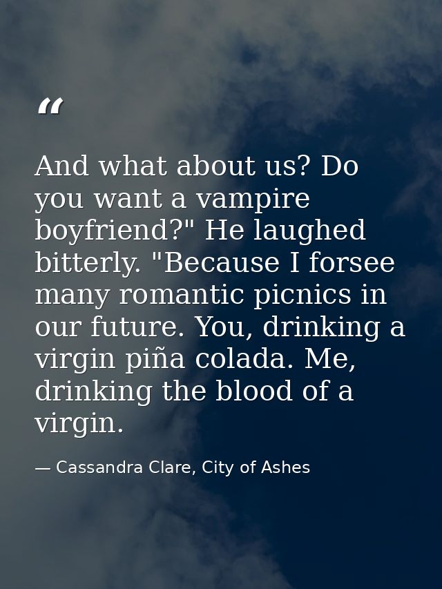 And what about us? Do you want a vampire boyfriend?" He laughed bitterly. "Because I forsee many romantic picnics in our — Cassandra Clare, City of Ashes