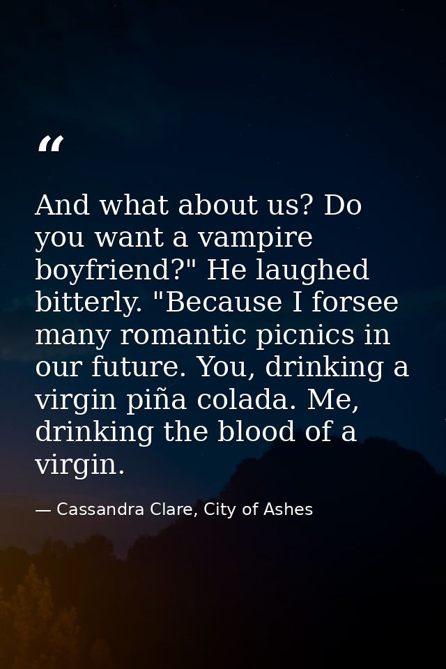 And what about us? Do you want a vampire boyfriend?" He laughed bitterly. "Because I forsee many romantic picnics in our — Cassandra Clare, City of Ashes