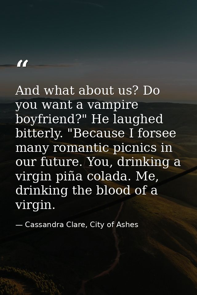 And what about us? Do you want a vampire boyfriend?" He laughed bitterly. "Because I forsee many romantic picnics in our — Cassandra Clare, City of Ashes