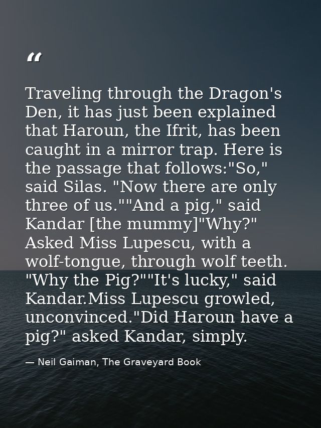 Traveling through the Dragon's Den, it has just been explained that Haroun, the Ifrit, has been caught in a mirror trap. — Neil Gaiman, The Graveyard Book